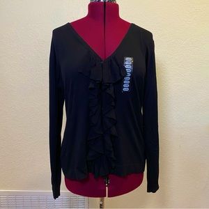 DKNYC | Black Long Sleeve Button Up Blouse with Frilly Detailing XL ♠️✨